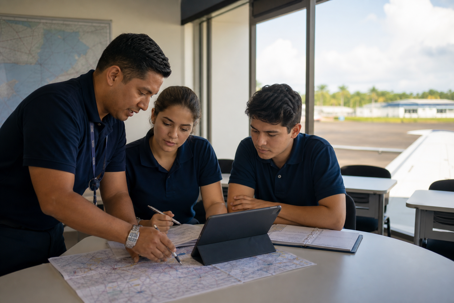 Instructor y estudiantes durante una sesión de planificación